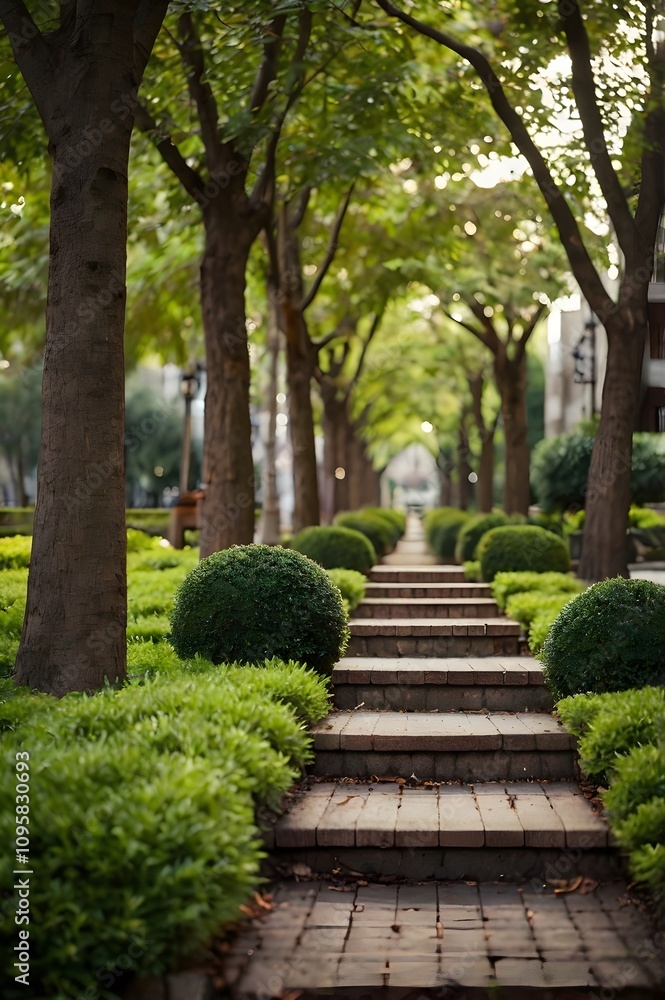 Obraz premium Relax in an urban oasis featuring tall trees and perfectly manicured greenery.