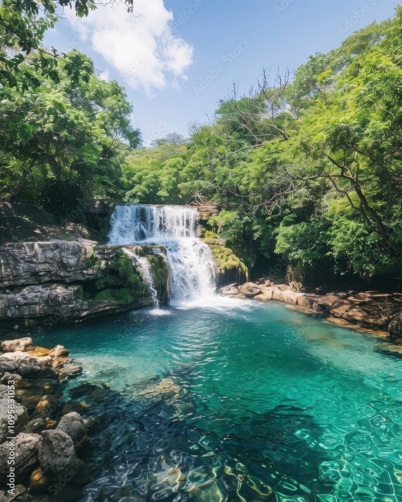 Fototapeta premium Cascading crystalclear waterfall into turquoise pool serene nature scene landscape photography lush greenery symmetrical viewpoint for visual impact