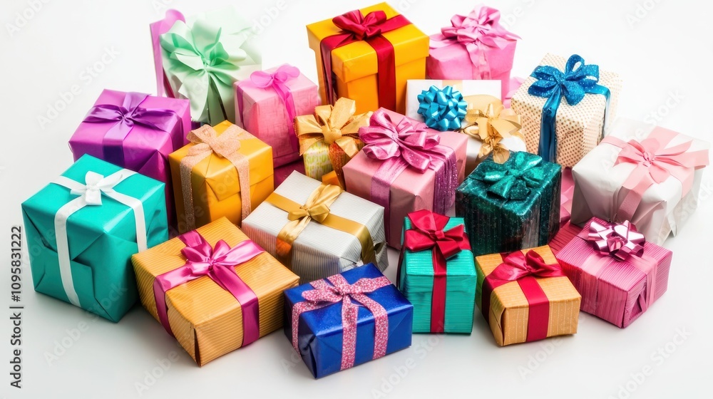 A pile of wrapped holiday gifts in bright, colorful paper and bows, ready to be exchanged by a group of smiling friends A pile of wrapped holiday gifts in bright, colorful paper and bows, ready to be exchanged by a group of smiling friends