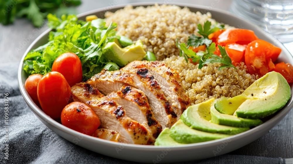 A plate filled with colorful, healthy ingredients like grilled chicken, quinoa, avocado, and fresh vegetables, served with water A plate filled with colorful, healthy ingredients like grilled chicken, quinoa, avocado, and fresh vegetables, served with water