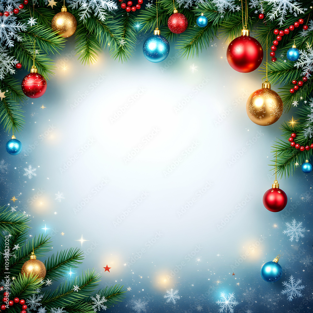 A winter wonderland scene with snowy fir branches, colorful Christmas baubles red, gold, blue, berries, snowflakes, and sparkling lights creating a festive frame. A winter wonderland scene with snowy fir branches, colorful Christmas baubles red, gold, blue, berries, snowflakes, and sparkling lights creating a festive frame.