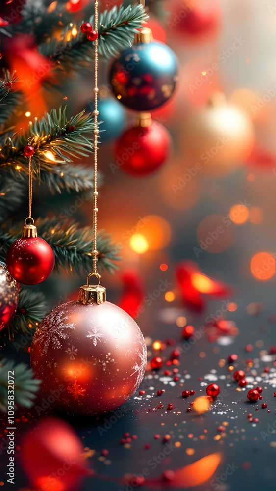 Closeup of a decorated Christmas tree with red, gold, and teal ornaments, sparkling lights, and red beads scattered on a dark surface. Festive holiday mood. Closeup of a decorated Christmas tree with red, gold, and teal ornaments, sparkling lights, and red beads scattered on a dark surface. Festive holiday mood.