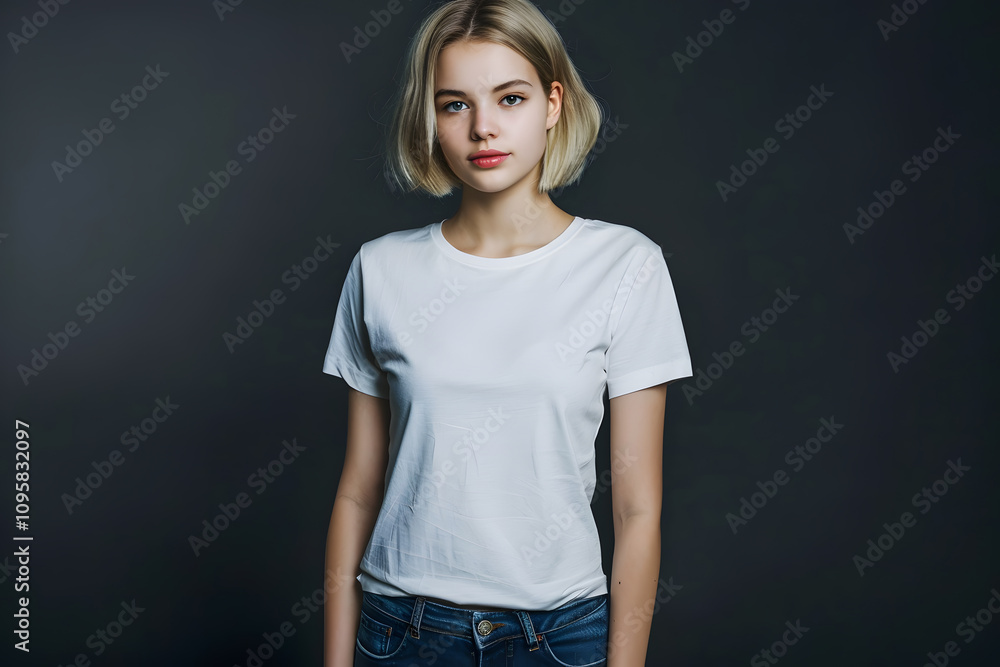 Young Caucasian woman with short blonde hair wearing a plain white shirt, standing against a dark background, exuding a calm and confident demeanor. Young Caucasian woman with short blonde hair wearing a plain white shirt, standing against a dark background, exuding a calm and confident demeanor.