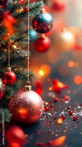 Closeup of a decorated Christmas tree with red, gold, and teal ornaments, sparkling lights, and red beads scattered on a dark surface. Festive holiday mood.