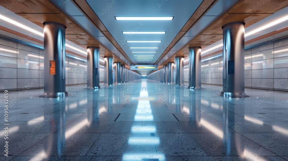 Empty modern subway station urban environment photographic content polished floors and symmetrical pillars soft diffused lighting contemporary design for enhanced navigation experience Empty modern subway station urban environment photographic content polished floors and symmetrical pillars soft diffused lighting contemporary design for enhanced navigation experience