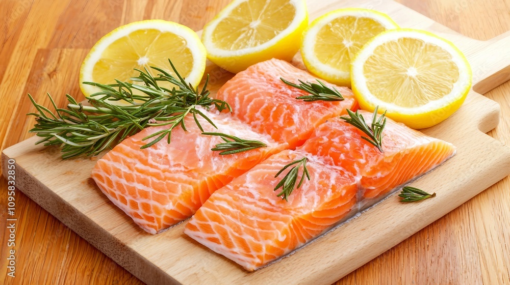 Fresh Salmon Fillets with Lemon Slices and Rosemary Sprigs on Wooden Cutting Board, Perfect for Healthy Cooking and Gourmet Dishes Fresh Salmon Fillets with Lemon Slices and Rosemary Sprigs on Wooden Cutting Board, Perfect for Healthy Cooking and Gourmet Dishes