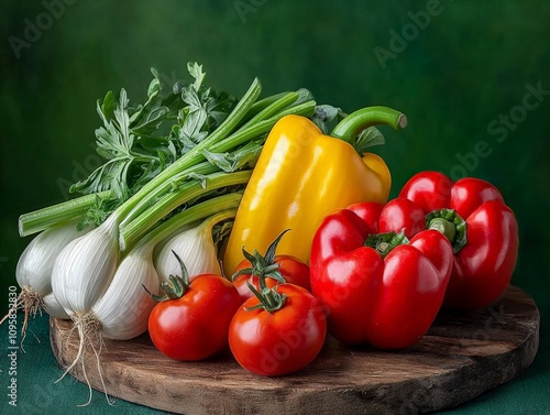 Fresh vegetable harvest colorful bell peppers tomatoes and onions on a wooden cutting board rustic kitchen vibrant nature vibes