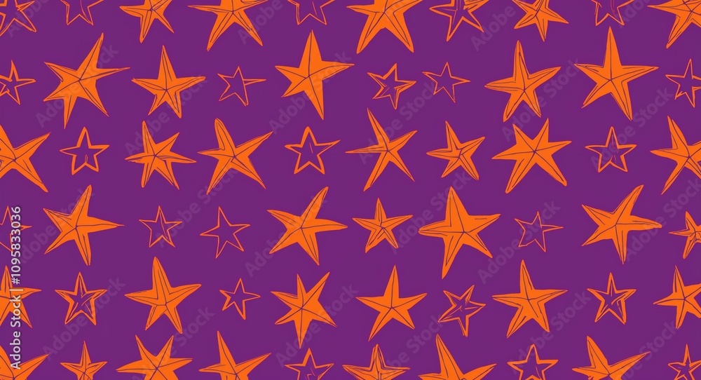 Orange Star pattern hand drawn design on Purple background illustration Orange Star pattern hand drawn design on Purple background illustration