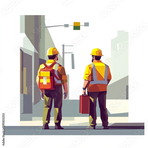 Industrial Workers in Safety Outfits, Teamwork, Safety, and Infrastructure Development in Modern City photo