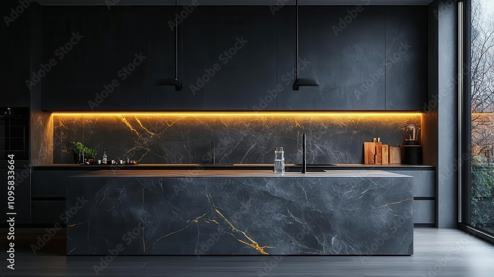 Moody lighting over a minimalist marble kitchen counter Moody lighting over a minimalist marble kitchen counter