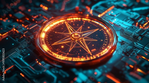 Glowing compass on a circuit board, symbolizing digital navigation and direction.