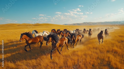 Wallpaper Mural A 4K video of a herd of wild horses galloping freely across a wide-open plain, their manes flowing in the wind under the bright blue sky. Torontodigital.ca