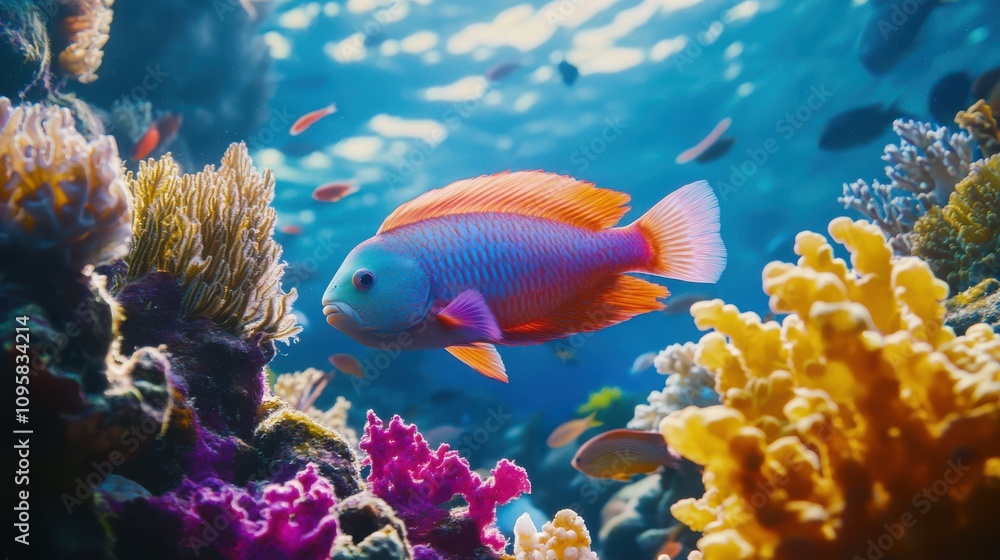 Naklejka premium A 4K video of a school of parrotfish swimming through a vibrant coral reef, their scales shimmering with every movement, surrounded by colorful marine life.
