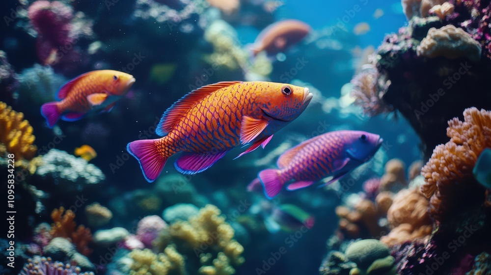 Fototapeta premium A 4K video of a school of parrotfish swimming through a vibrant coral reef, their scales shimmering with every movement, surrounded by colorful marine life.