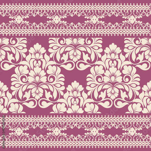 Elegant Damask Pattern  with Ornate Floral Motifs and Decorative Borders. seamless design features a sophisticated blend of vintage-inspired elements and modern aesthetics