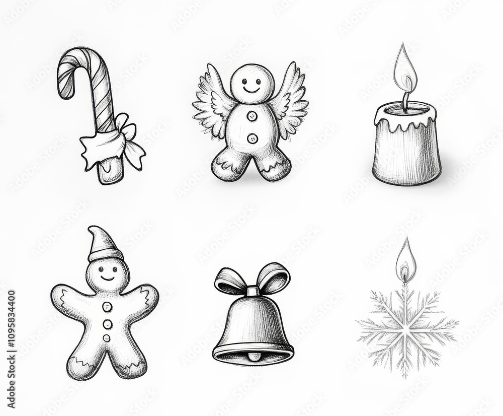 Fototapeta premium Hand-drawn festive icons featuring gingerbread man, candy cane, and candles.