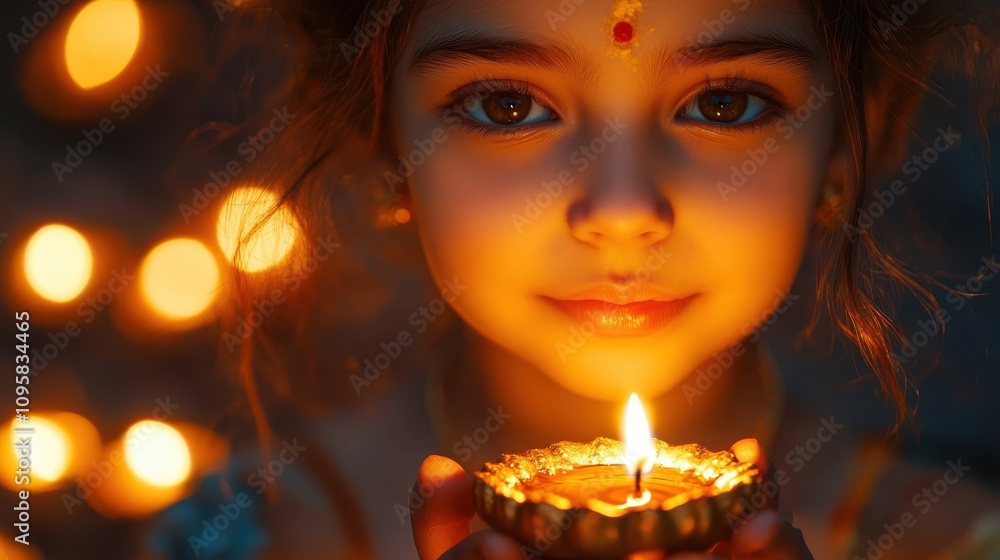 A beautiful close-up of a young girl holding a diya in her hands, her face illuminated by its soft glow, symbolizing hope and peace. A beautiful close-up of a young girl holding a diya in her hands, her face illuminated by its soft glow, symbolizing hope and peace.