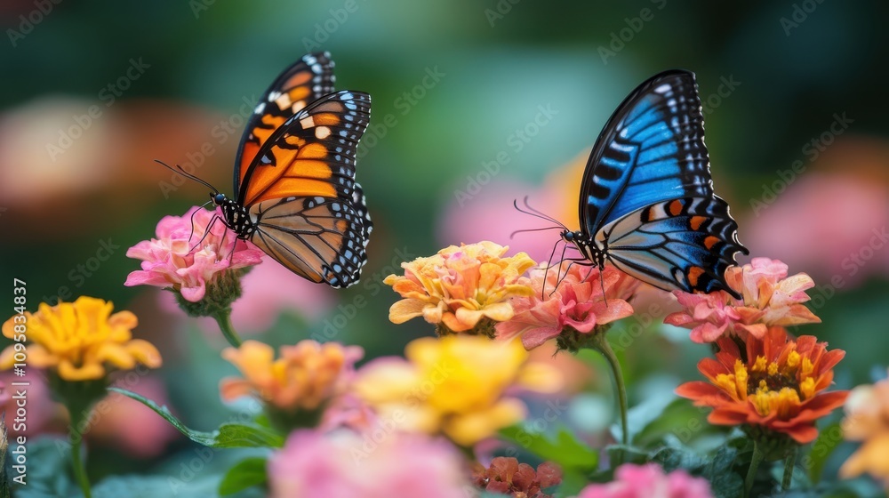 A butterfly garden filled with various species, each showcasing vibrant colors and intricate wing patterns as they flutter among the flowers. A butterfly garden filled with various species, each showcasing vibrant colors and intricate wing patterns as they flutter among the flowers.