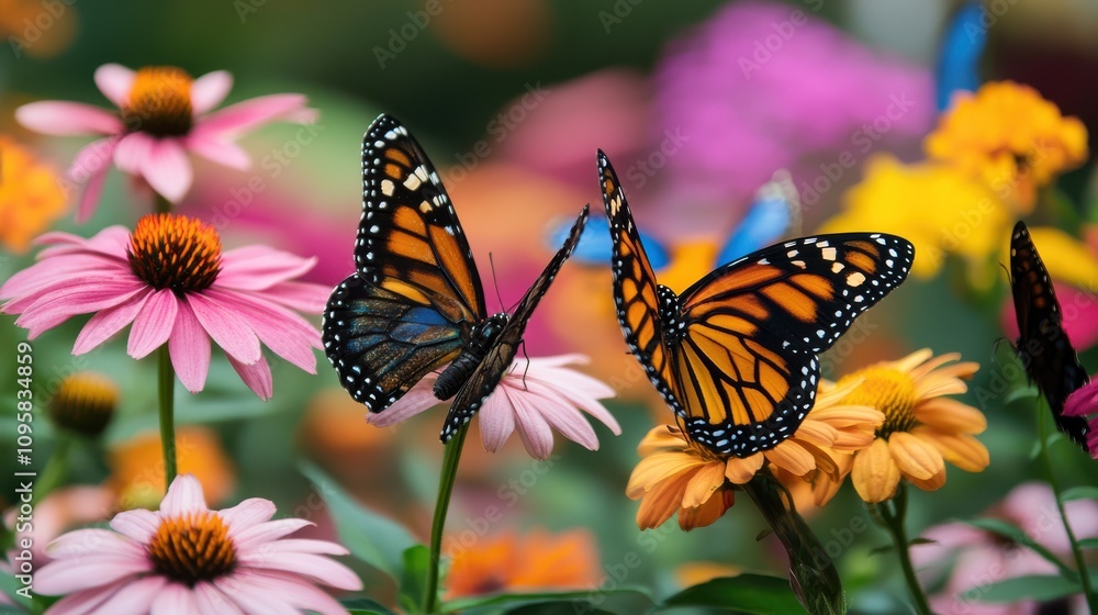 A butterfly garden filled with various species, each showcasing vibrant colors and intricate wing patterns as they flutter among the flowers. A butterfly garden filled with various species, each showcasing vibrant colors and intricate wing patterns as they flutter among the flowers.