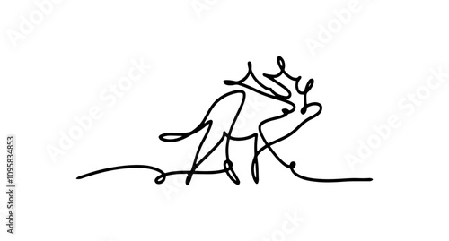 Continuous one line drawing deer . Contour sketch of reindeer. Forest wild deer in single line.