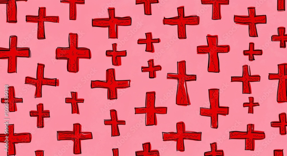 Red Cross pattern hand drawn design on Pink background illustration Red Cross pattern hand drawn design on Pink background illustration