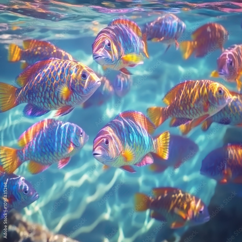 Fototapeta premium A colorful 4K clip of a school of parrotfish swimming gracefully through crystal-clear waters, their bright scales reflecting the sunlight.