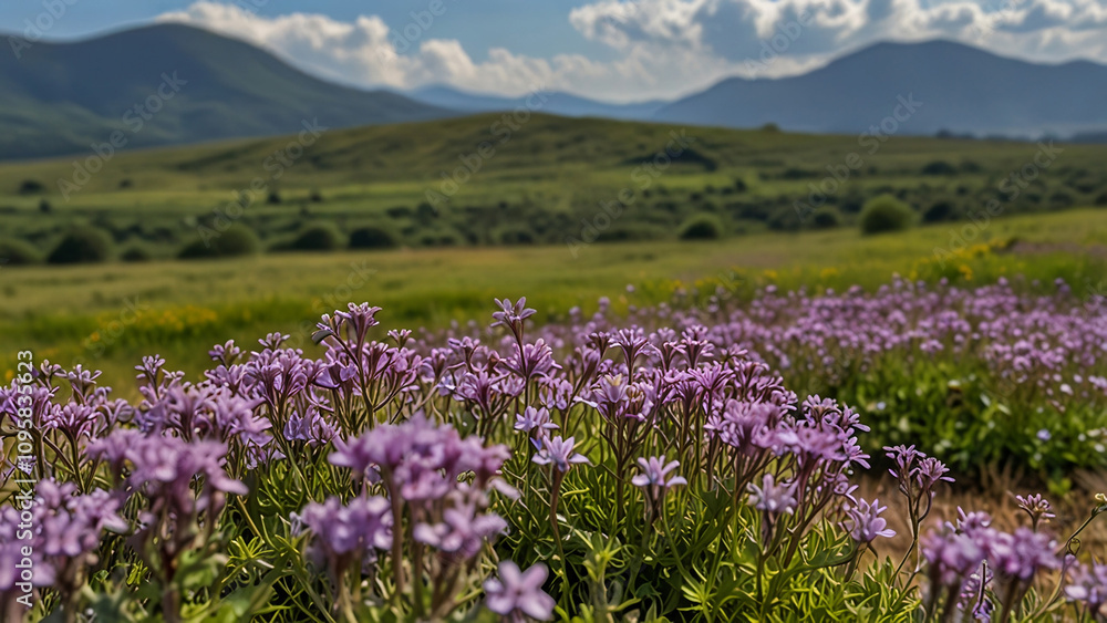 Fototapeta premium A stretch of purple verbana flowers with a background of green savanna hills and a cloudy blue sky with bokeh background