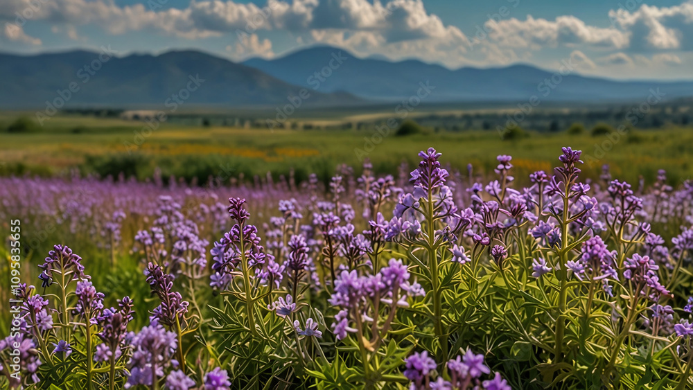 Fototapeta premium A stretch of purple verbana flowers with a background of green savanna hills and a cloudy blue sky with bokeh background