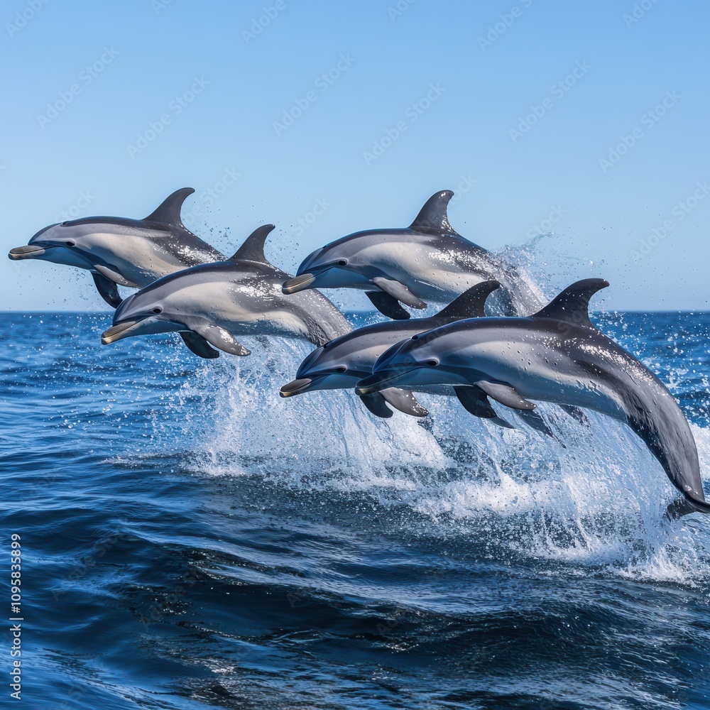 Fototapeta premium A dynamic image of a pod of dolphins leaping out of the ocean, their sleek bodies and playful expressions captured against the backdrop of a clear blue sky.