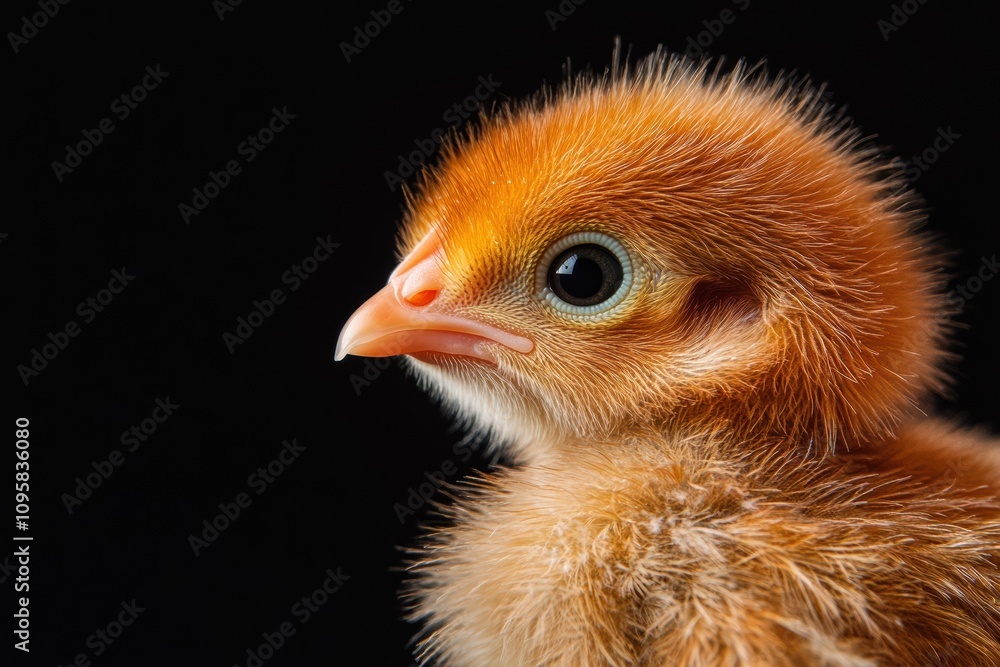 Mystic portrait of baby Rhode Island Red in studio, copy space on right side, Headshot, Close-up View, isolated on black background Mystic portrait of baby Rhode Island Red in studio, copy space on right side, Headshot, Close-up View, isolated on black background