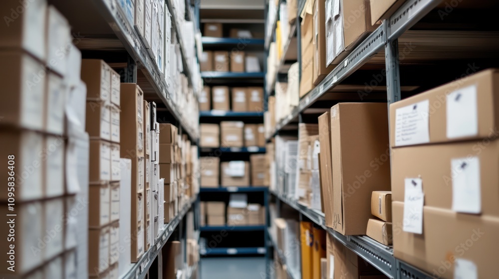 well organized storage room filled with neatly stacked cardboard boxes on metal shelves, each labeled for efficient digital record management. space is brightly lit and orderly well organized storage room filled with neatly stacked cardboard boxes on metal shelves, each labeled for efficient digital record management. space is brightly lit and orderly