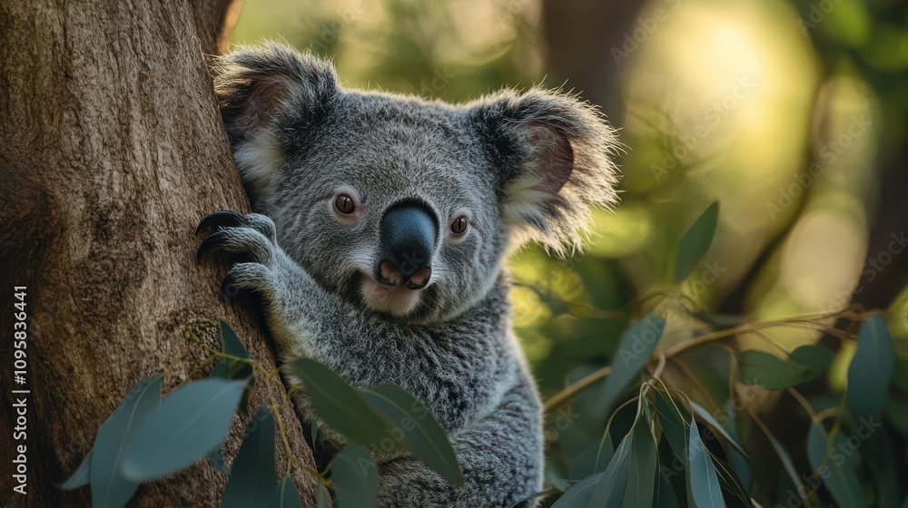 Fototapeta premium A koala bear resting peacefully in a eucalyptus tree, its soft grey fur blending harmoniously with the natural surroundings.