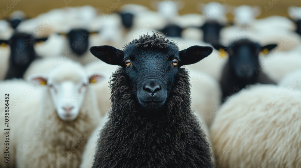 Fototapeta premium black sheep with luxurious wool stands confidently among flock of white sheep, showcasing its unique appearance and character in serene rural setting