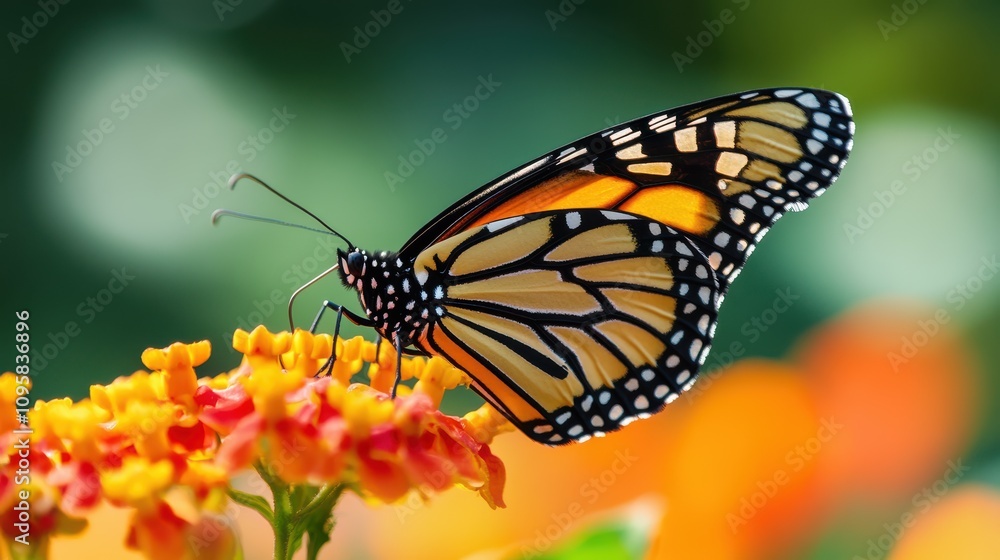 Fototapeta premium A monarch butterfly resting on a bright orange flower, its wings delicately patterned with black and white against the vivid background.