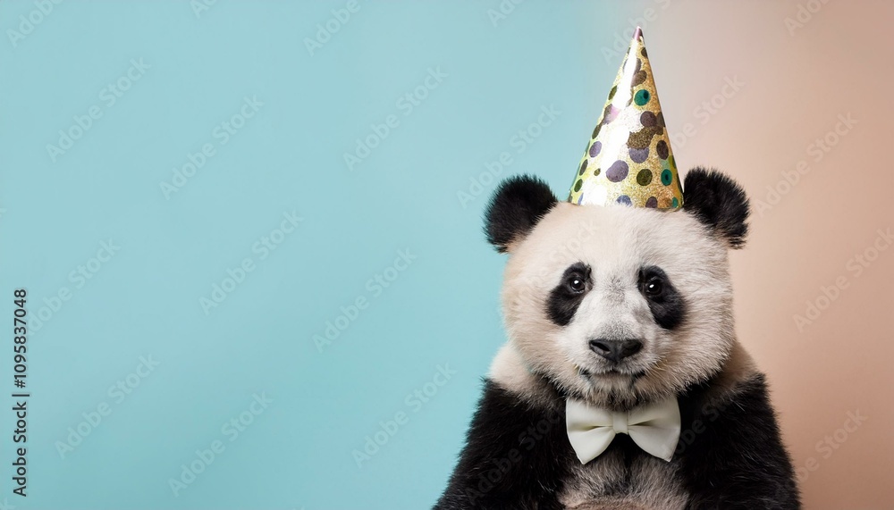 Fototapeta premium Creative animal concept.Panda in party cone hat necklace bowtie outfit isolated on solid pastel background advertisement, copy text space. birthday party invite invitation