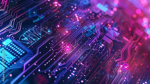 A vibrant close-up of a circuit board with glowing lines and patterns, showcasing technology and digital connections.