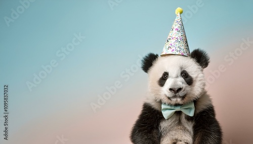 Creative animal concept.Panda in party cone hat necklace bowtie outfit isolated on solid pastel background advertisement, copy text space. birthday party invite invitation photo