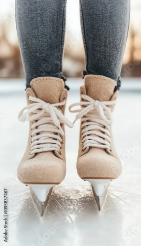 Beige ice skates on ice, close-up view of feet in jeans. photo