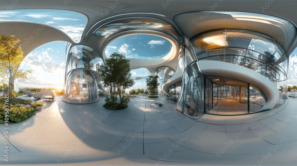 360 degree panorama view.A sunny, 3D image shows the inside of a futuristic glass building. It's a panoramic view, like being there in virtual reality. 360 degree panorama view.A sunny, 3D image shows the inside of a futuristic glass building. It's a panoramic view, like being there in virtual reality.