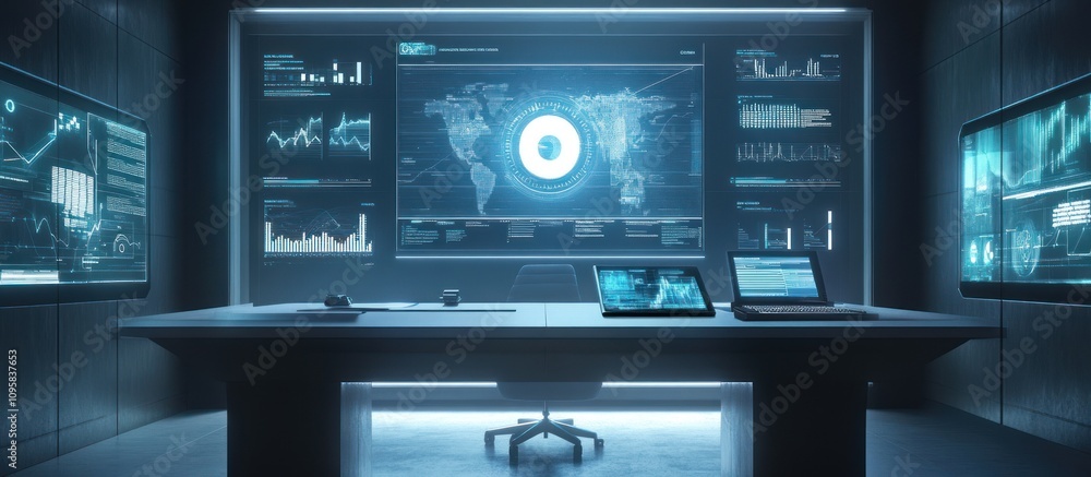 Obraz premium Futuristic control room with monitors displaying global data analytics.