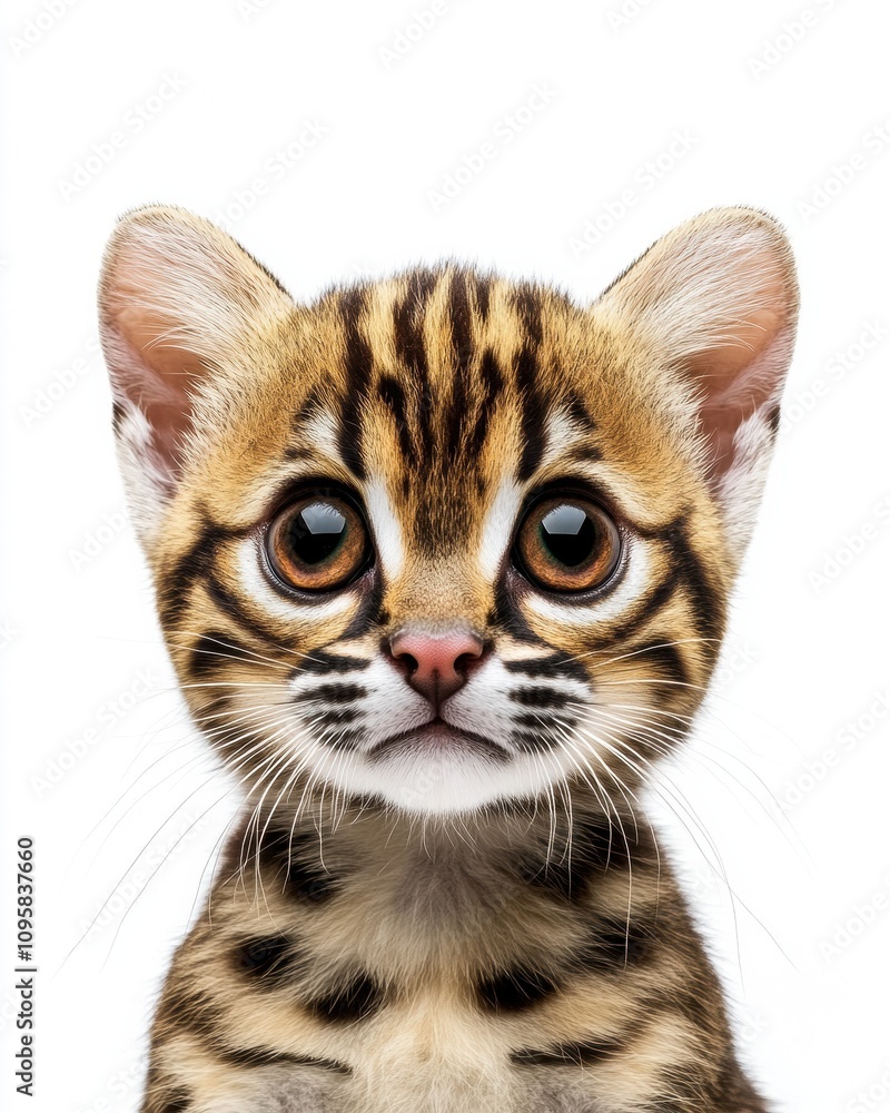 Mystic portrait of baby Margay Cat, copy space on right side, Headshot, Close-up View, isolated on white background Mystic portrait of baby Margay Cat, copy space on right side, Headshot, Close-up View, isolated on white background