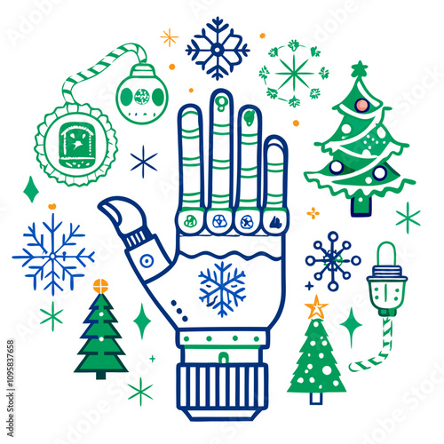 Merry Techmas: A robotic hand adorned with festive Christmas elements, including snowflakes, Christmas trees, and ornaments.  A unique and modern take on holiday cheer. 