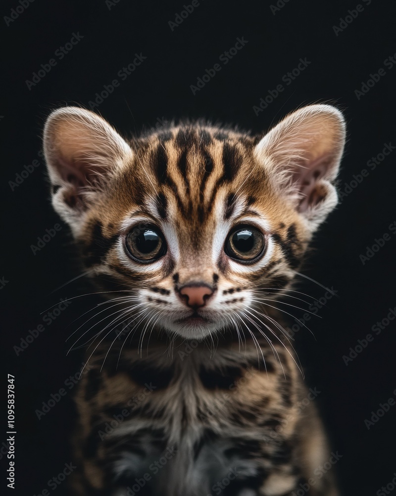 the baby Margay Cat front view, white copy space on right, Isolated on black Background the baby Margay Cat front view, white copy space on right, Isolated on black Background
