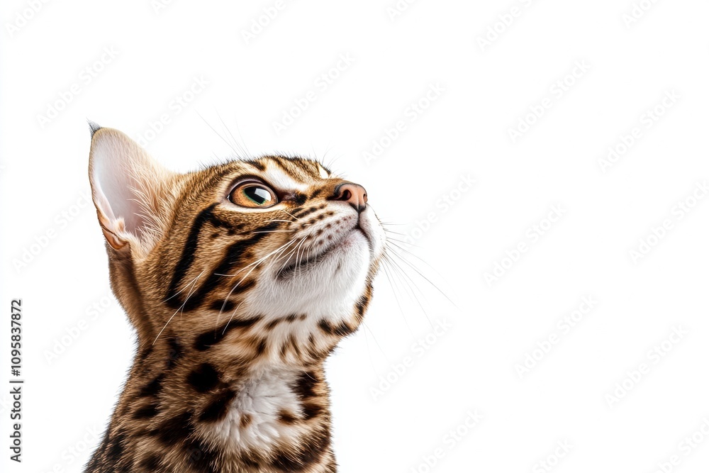 Mystic portrait of baby Margay Cat in studio, copy space on right side, Headshot, Close-up View, isolated on white background Mystic portrait of baby Margay Cat in studio, copy space on right side, Headshot, Close-up View, isolated on white background