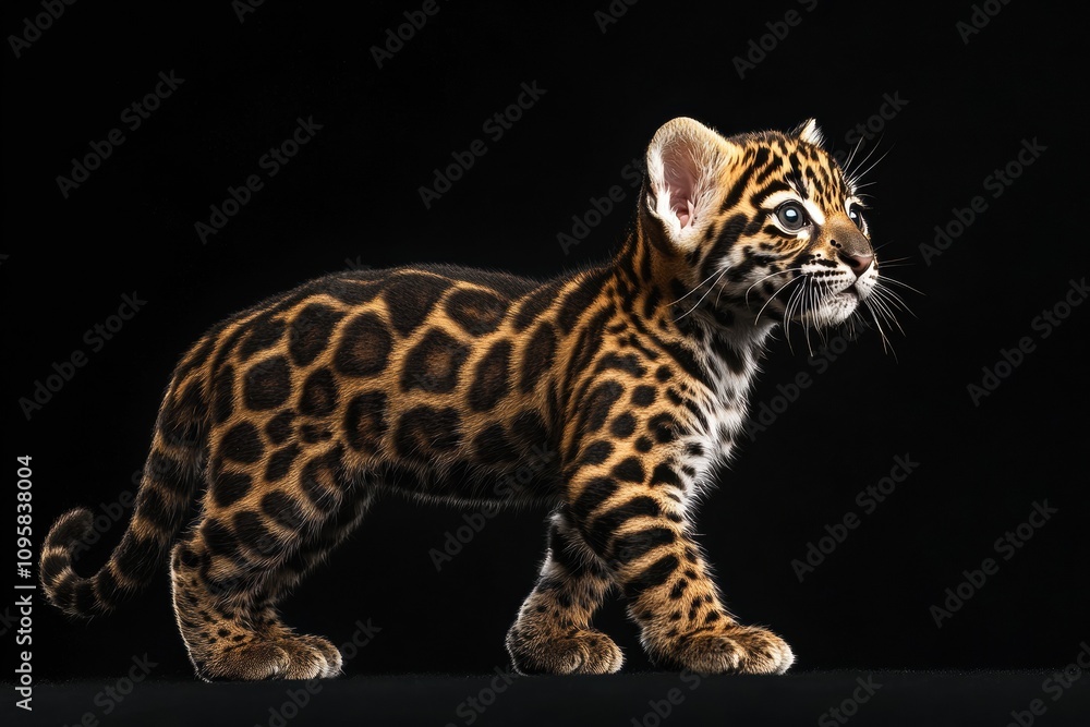 the beside view baby Panthera Uncia standing, left side view, low angle, white copy space on right, Isolated on black Background the beside view baby Panthera Uncia standing, left side view, low angle, white copy space on right, Isolated on black Background