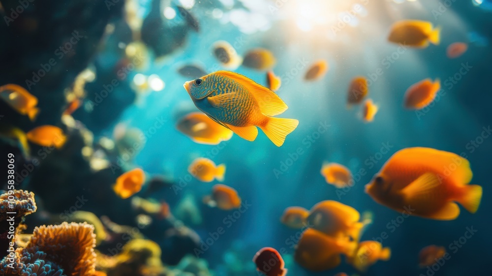 Fototapeta premium A school of colorful fish swimming through a coral reef, their vibrant scales glimmering as sunlight dances through the crystal-clear water.