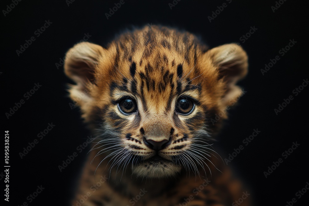 Obraz premium Mystic portrait of baby Panthera Uncia in studio, copy space on right side, Headshot, Close-up View, isolated on black background