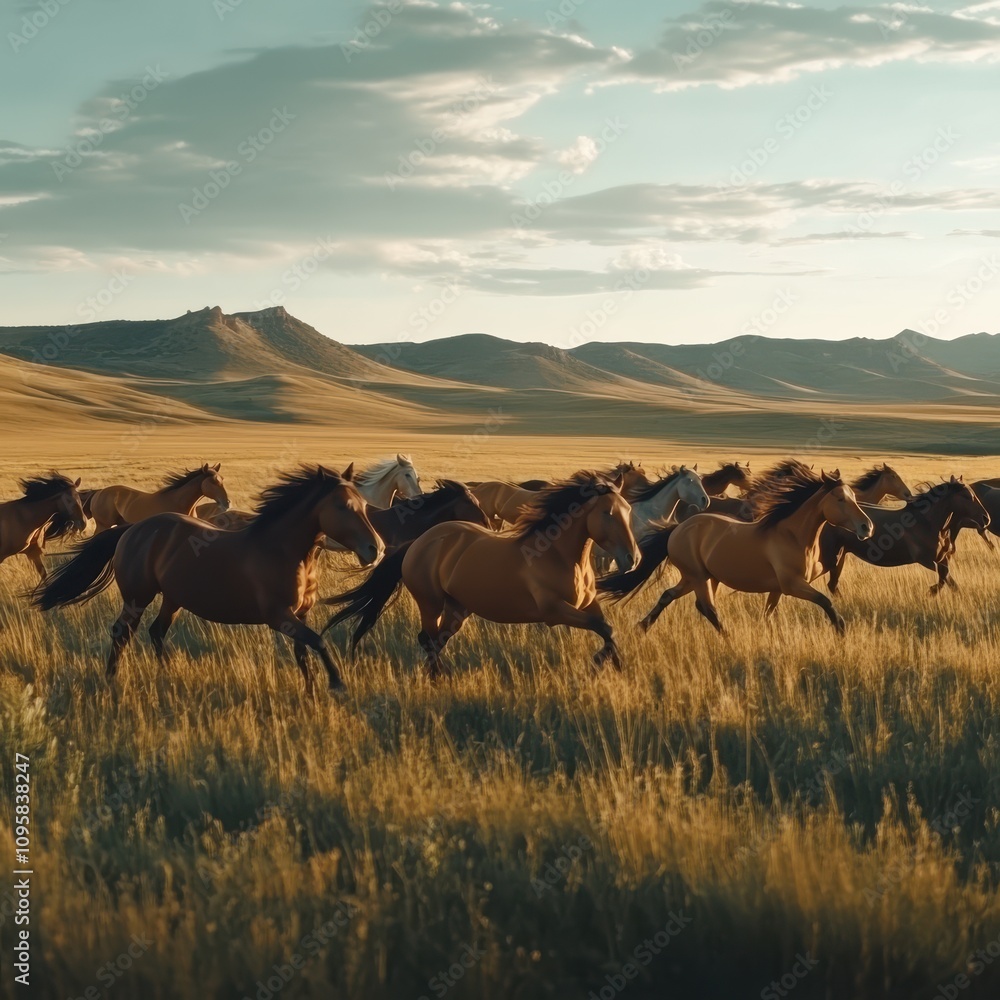 Fototapeta premium A serene 4K clip of a herd of wild horses galloping across a wide-open plain, their manes flowing freely in the wind, set against a backdrop of rolling hills.