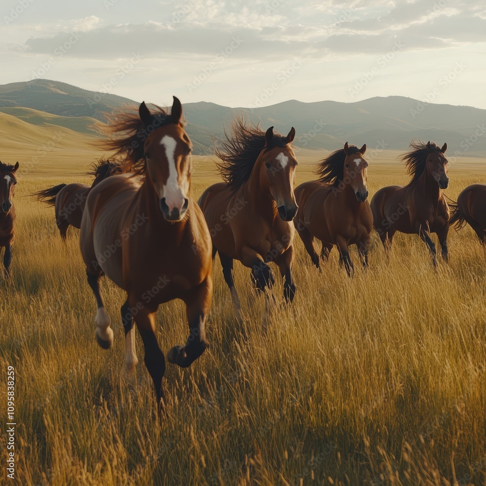 A serene 4K clip of a herd of wild horses galloping across a wide-open plain, their manes flowing freely in the wind, set against a backdrop of rolling hills. A serene 4K clip of a herd of wild horses galloping across a wide-open plain, their manes flowing freely in the wind, set against a backdrop of rolling hills.