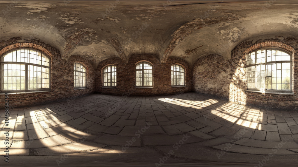 360 degree panorama view.A brightly lit, empty room. It has brick walls and is a computer-generated image. 360 degree panorama view.A brightly lit, empty room. It has brick walls and is a computer-generated image.